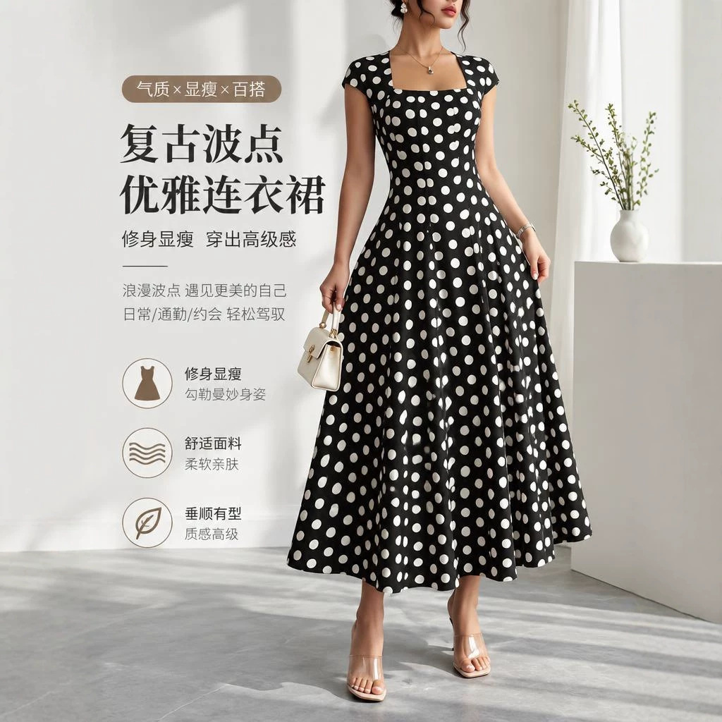 Cross-border European and American women's clothing wholesale for Amazon independent station, new stylish long dress, square neck short-sleeved dress