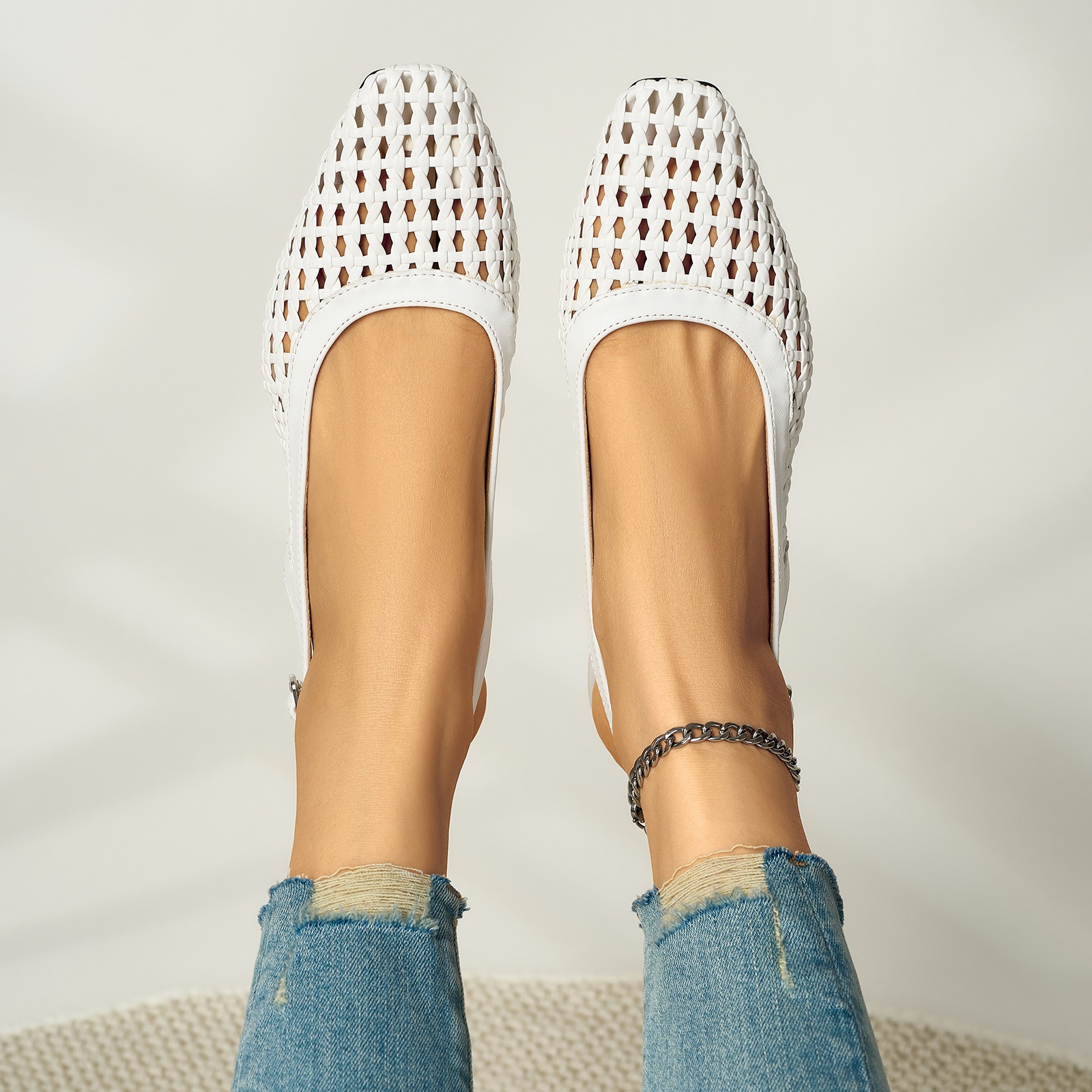 Cross-border summer simple woven hollowed-out backheel sandals for women with one-button thick heels and breathable holes, Mary Jane for women