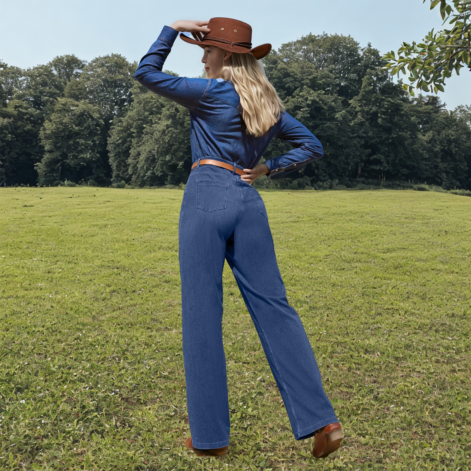 Retro washed distressed jeans, women's stretch high-waisted loose pants, slimming and fashionable straight-leg long pants, casual pants