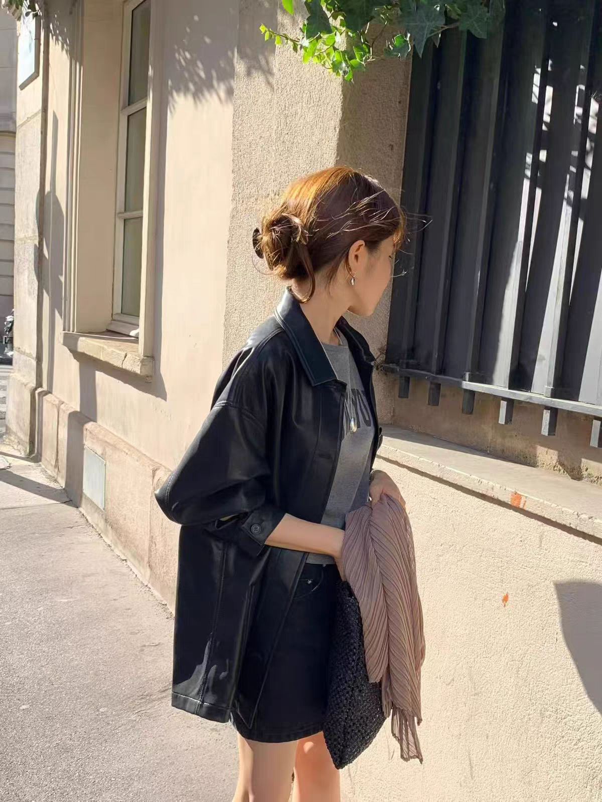 Van Sun ·XH Korean loose and elegant black leather jacket Dongdaemun Autumn New versatile lapel single-breasted coat
