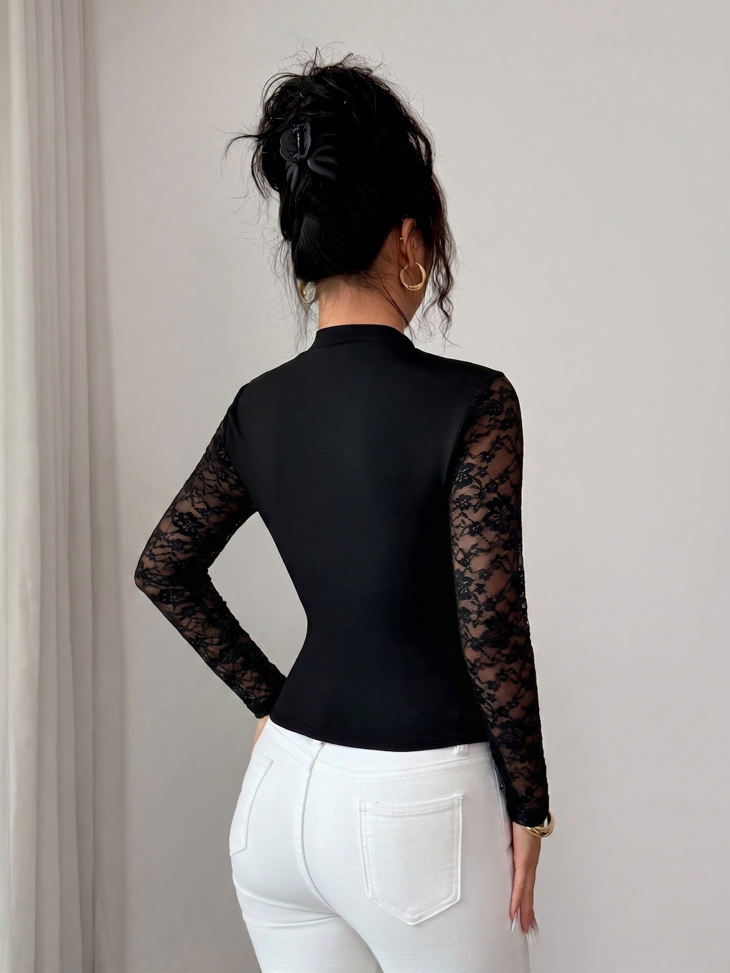 Amazon 2026 Autumn New Women's casual lace cutout patchwork long-sleeved T-shirt for women