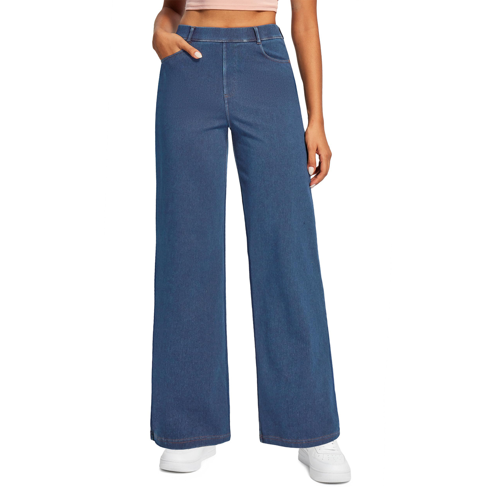 Washed four-sided elastic loose straight-leg jeans with a drape, floor-length high-waisted white long pants, cross-border women's jeans
