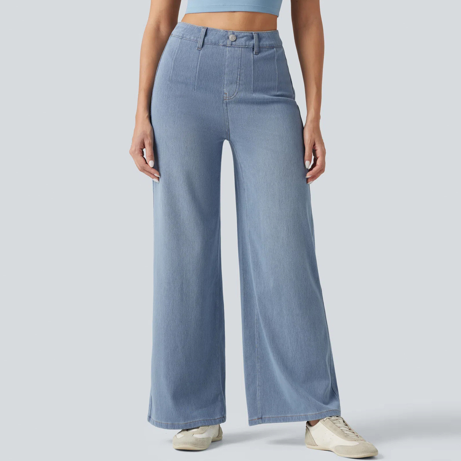 High-end four-sided stretch straight-leg jeans for women's high-waisted wear, casual and sporty jeans for cross-border jeans