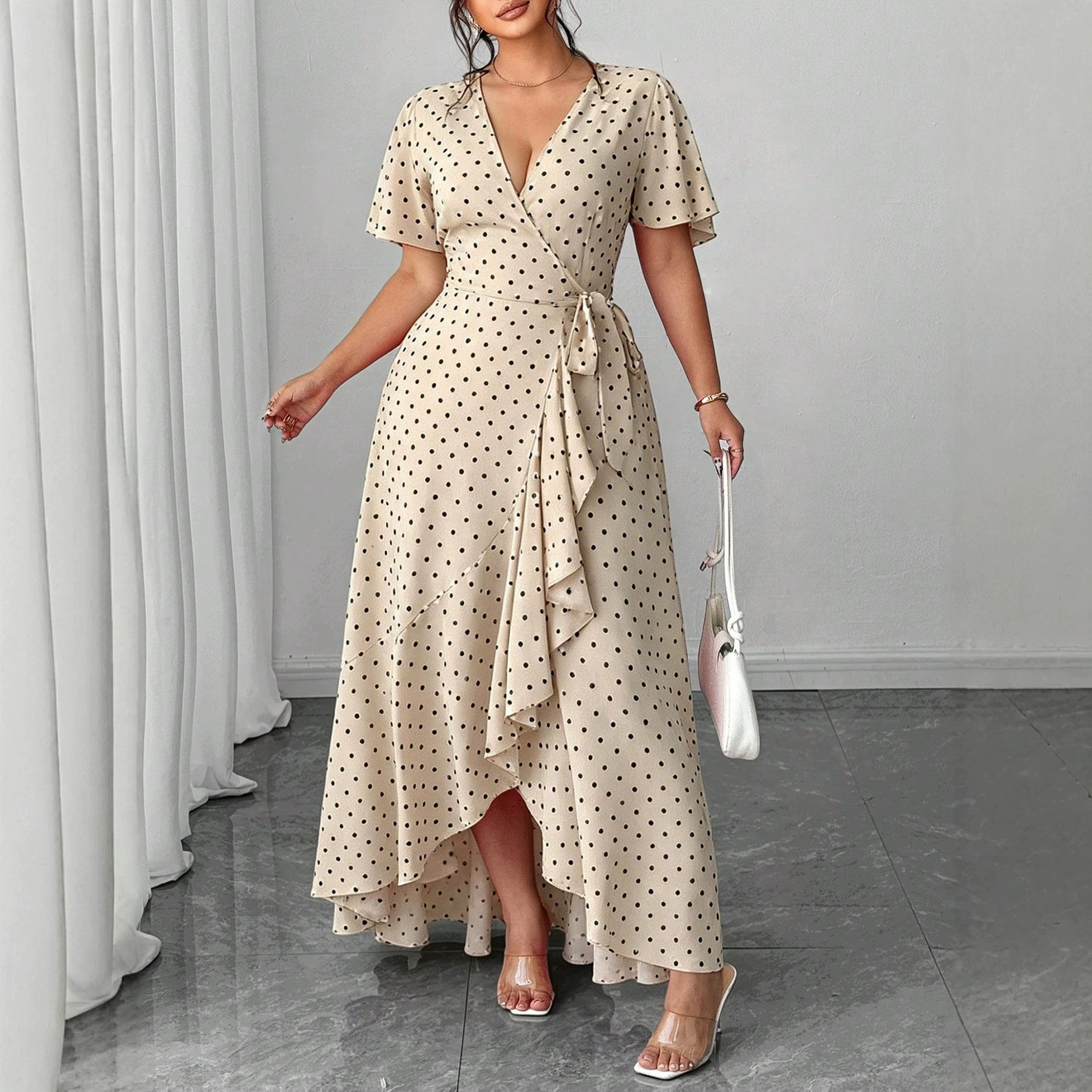 Cross-border trade European and American plus-size 2026 summer new simple and elegant V-neck floral tie mid-length dress