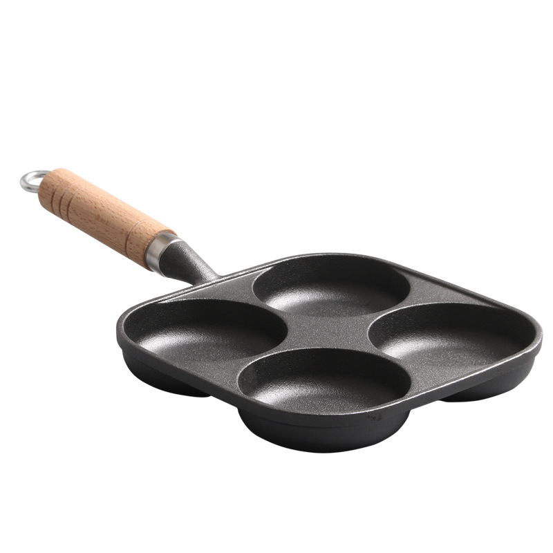 Cast iron pot, four-hole egg frying pan, special flat pan for household and outdoor egg dumplings, old-fashioned uncoated non-stick pan for export