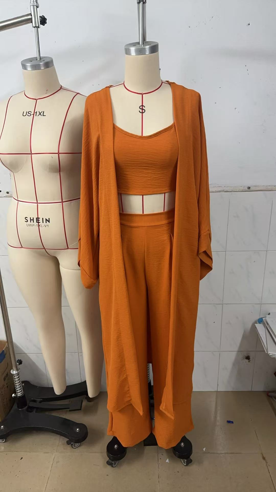 High-end cotton and linen three-piece set, loose cardigan, short halter top, high-waisted wide-leg pants, women's summer dress, women's summer set