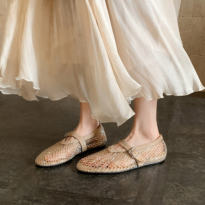 "Starry Sky Ballet Shoes" - A niche and fashionable water diamond mesh fishing net hollowed-out Mary Jane shoes, single shoes, flat sandals for women